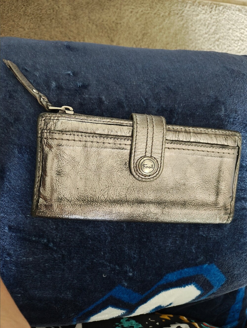 Fossil Metallic Pewter Leather Wallet with Snap Strap